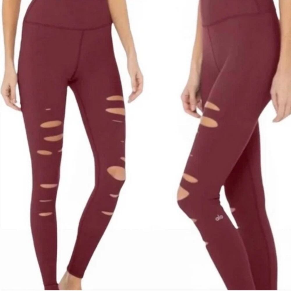 Womens Alo Yoga High Waisted Ripped Warrior Leggings Red Size S EUC!
